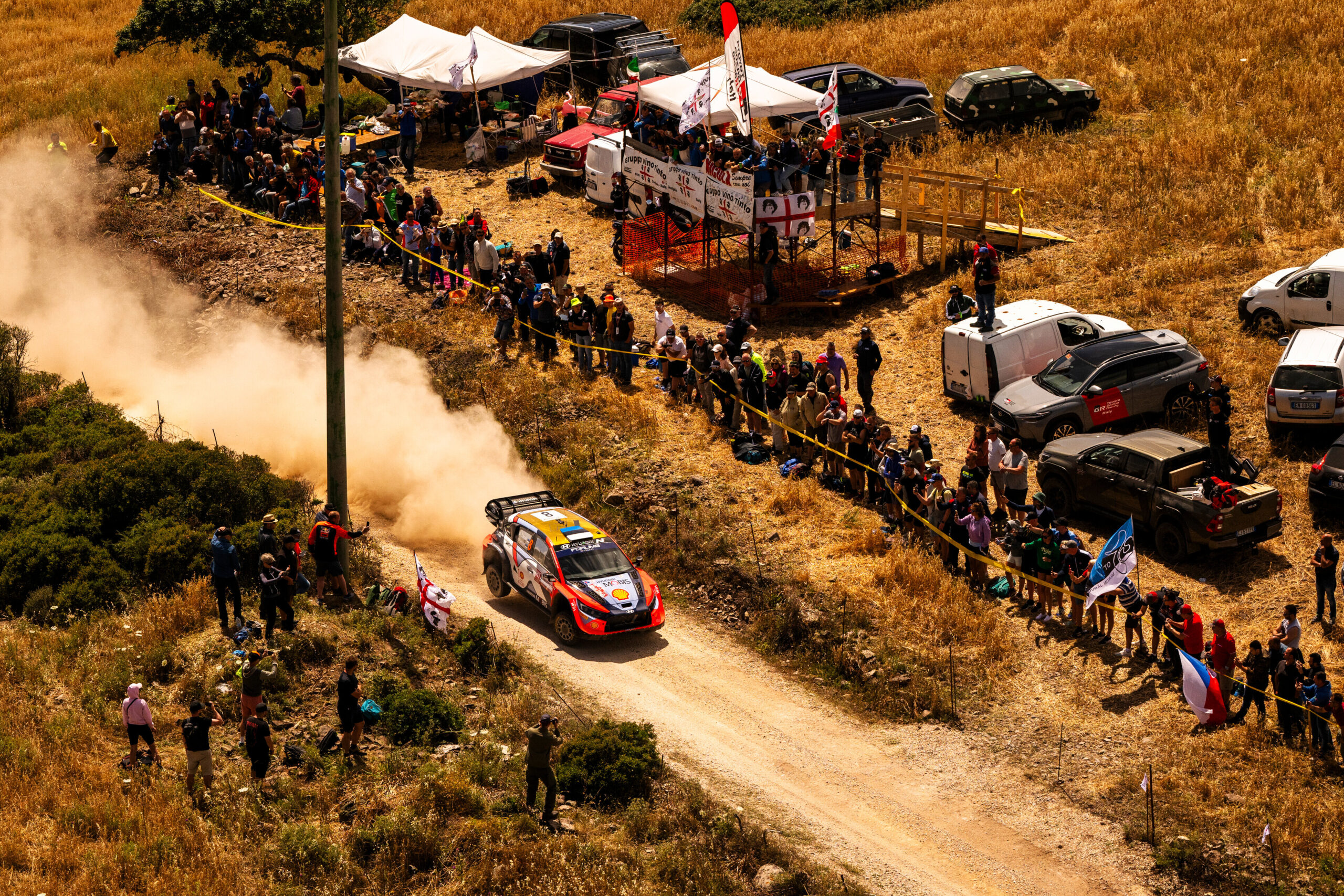 Ott Tänak (EST) and Martin Järveoja (EST) of team HYUNDAI SHELL MOBIS WORLD RALLY TEAM perform during World Rally Championship Sardinia in Alghero, Italy on May 31, 2024 // Jaanus Ree / Red Bull Content Pool // SI202405311675 // Usage for editorial use only //